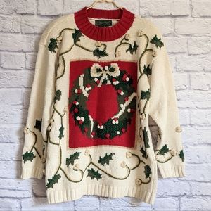 Cullinane Ugly Christmas Sweater M Red Green Wreath Ramie Knit Pom Pom Vintage
